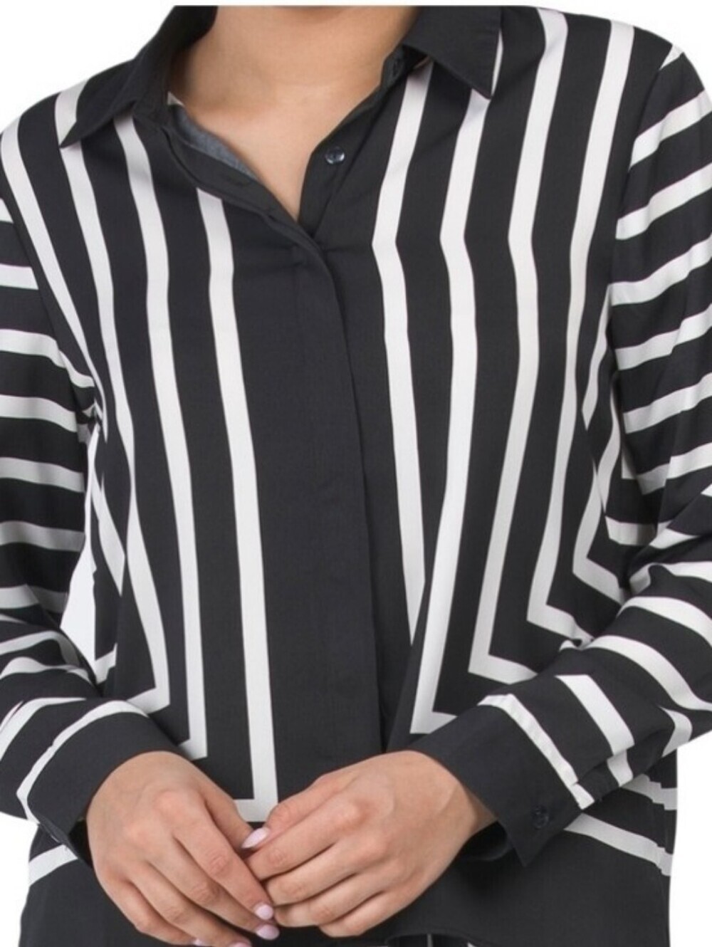 Modern Works Matte Womans Sateen Striped Border Blouse 1/4 Button Close Sz M NWT